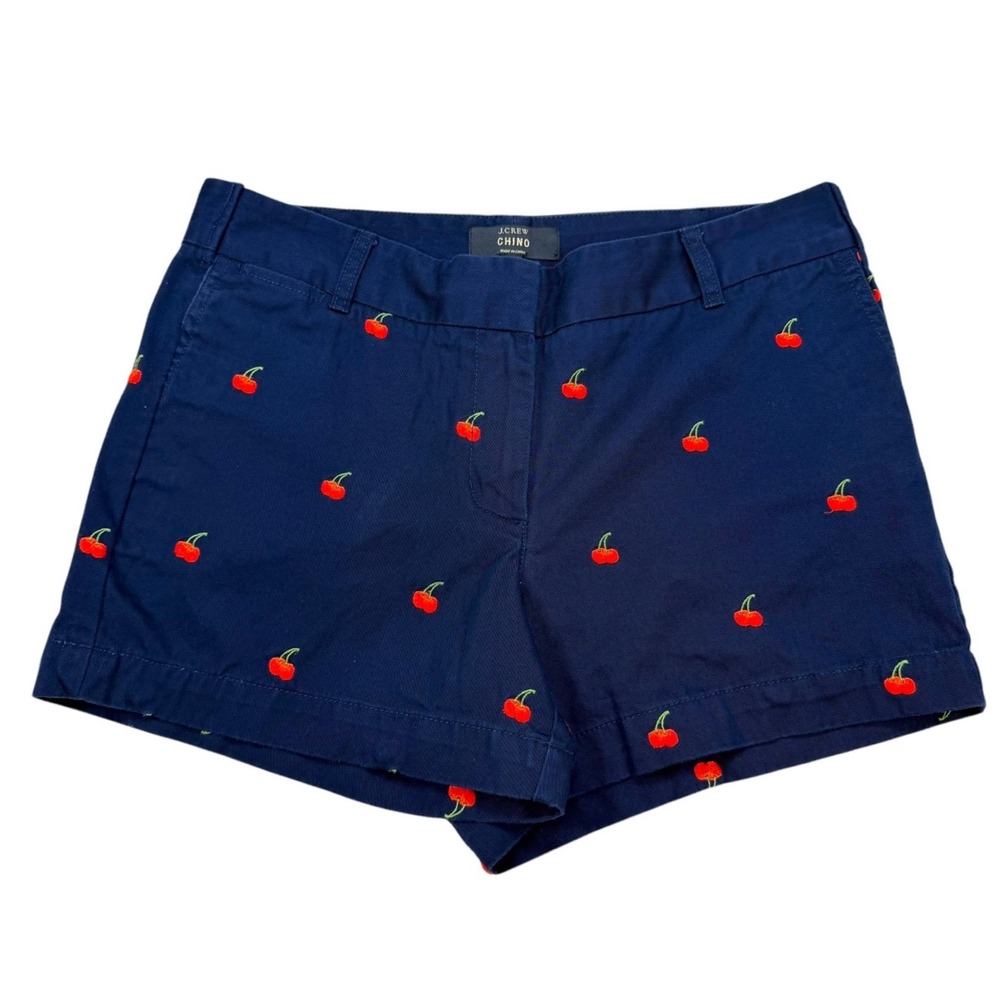 J.Crew Cherry Embroidered Chino Shorts Women's 10 Navy Blue Preppy Novelty 4"